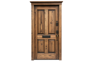 Antique wooden door with glass panes isolated on transparent background. Wood door isolated on white background.