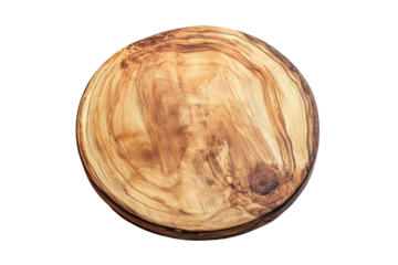 Close up of a round wooden slice with natural grain patterns isolated on transparent background. Wooden round isolated on white background.