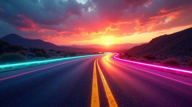 Desert highway neon sunset road mountains