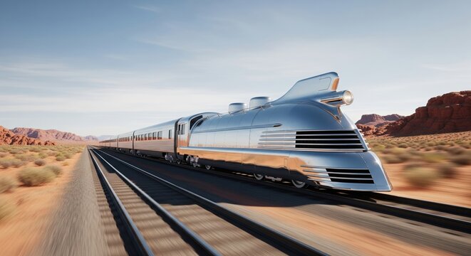 Retro Futuristic Silver Streamliner Train Blazing Through Desert Landscape Speed and Elegance