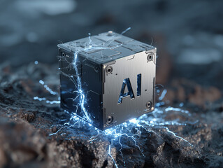 Digital AI Cube Concept with Sparks Effect