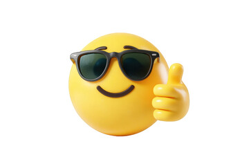 Smiling emoticon with sunglasses and thumbs up.  3D rendering