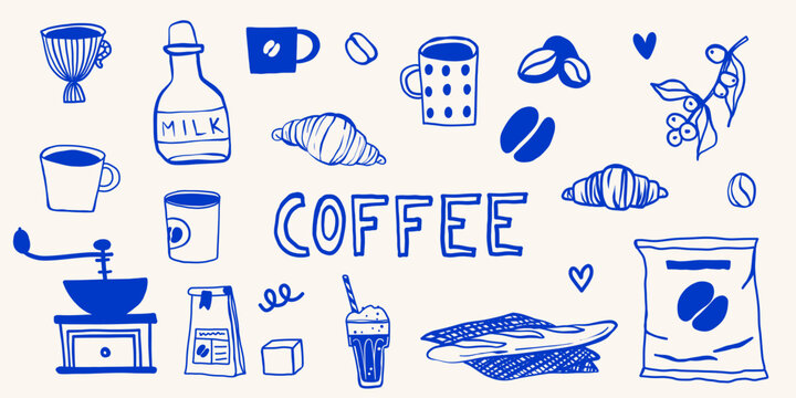 Coffee cup cafe icon doodle hand drawn illustration branding illustration set. Drink vector promotion beverage banner flyer menu collection in simple sketchy whimsical retro style.