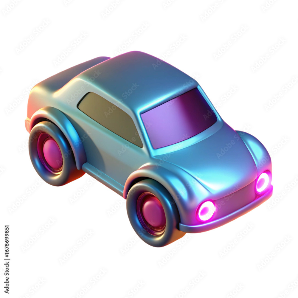 Poster isometric 3d rendering of a shiny metallic toy car isolated on transparent background