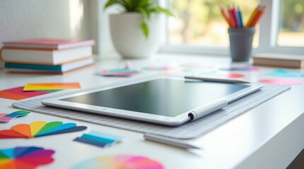 Digital tablet and creative tools on desk stylus color swatches