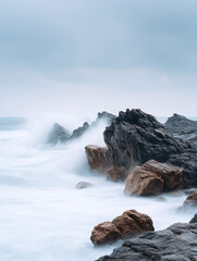 Dramatic seascape featuring powerful waves crashing against rugged rocks, creating a sense of awe and resilience. Perfect for conveying strength, natures power, or coastal beauty.