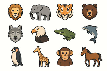 Fototapeta premium Cartoon icons of various animals featuring lion, elephant, tiger, bear, and more