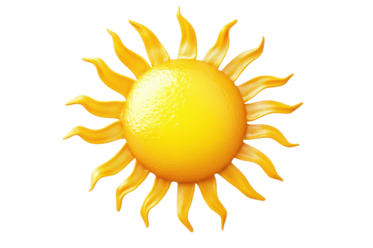 Bright yellow sun with wavy rays isolated on transparent background. Yellow sun isolated on white background, 3d rendering.