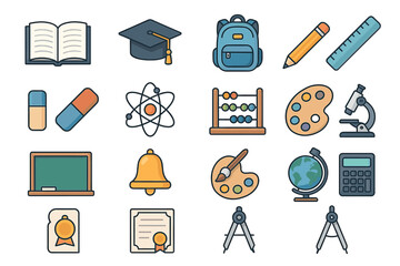 Colorful education icons set: books, calculator, globe, and school supplies