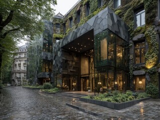 Fototapeta premium Modern facade with lush greenery