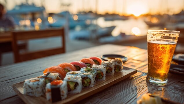 Sunset sushi and beer at a waterfront restaurant