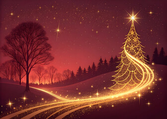 Enchanting Christmas scene with a glowing golden tree and sparkling lights on a snowy landscape holiday