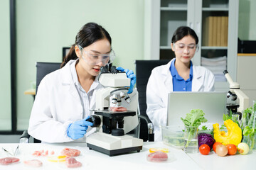 Two Asian women scientists in lab coats testing raw meat samples with tweezers. Food safety, science research, bacteria inspection, and teamwork in a clean lab environment.