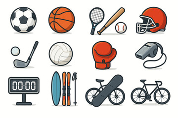 Obraz premium Collection of sports equipment icons: soccer, basketball, tennis, and more
