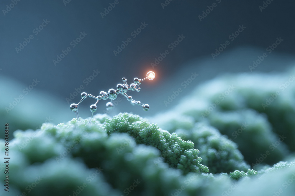 Poster macro shot featuring a molecular structure on a textured surface, with a glowing node. evokes scienc