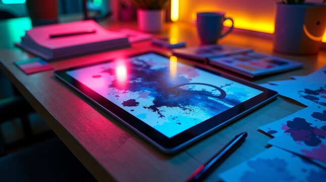 Digital tablet with colorful ink splashes and art supplies digital art