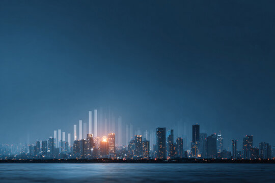 Night cityscape with rising financial graphs. A modern skyline reflecting opportunity and growth. Ideal for business, investment, and urban development themes.