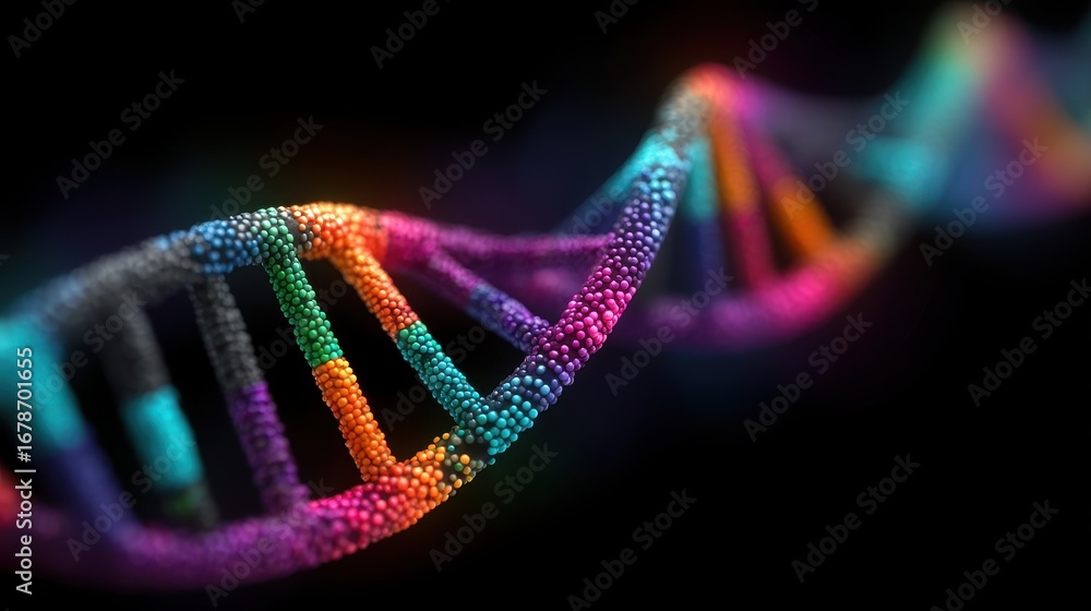 Poster abstract digital painting showcases a dna double helix dissolving into pixelated fragments with vibr