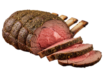 Magnificent standing rib roast with dark herby crust, thick slices revealing juicy medium-rare pink center, on rustic wooden board against transparent background, culinary excellence concept