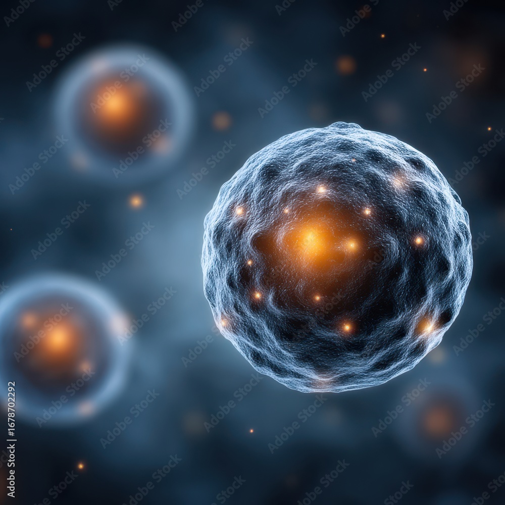 Poster close-up view of cytotoxic t-cells attacking cancer cells in an abstract biological environment with