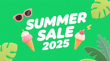 Fun 3D Summer Sale 2025 promotional banner with sunglasses, ice cream cones, and tropical leaves on a bright green background.