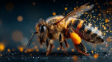 A detailed, macro shot of a bee dusting with pollen against a dark, out-of-focus background