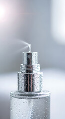 Closeup of a perfume bottle sprayer with water droplets