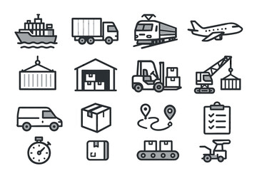 Logistics icons: transportation, storage, and delivery symbol set