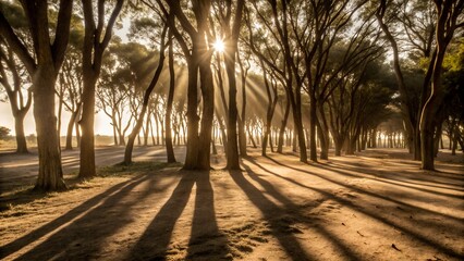 Obraz premium Serene Forest Landscape with Sunlight Filtering Through Trees, Casting Long Afternoon Shadows