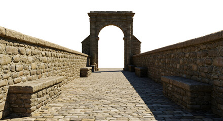 Explore the aged stone bridge with benches leading to a monumental archway, inviting discovery