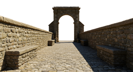 Explore the aged stone bridge with benches leading to a monumental archway, inviting discovery