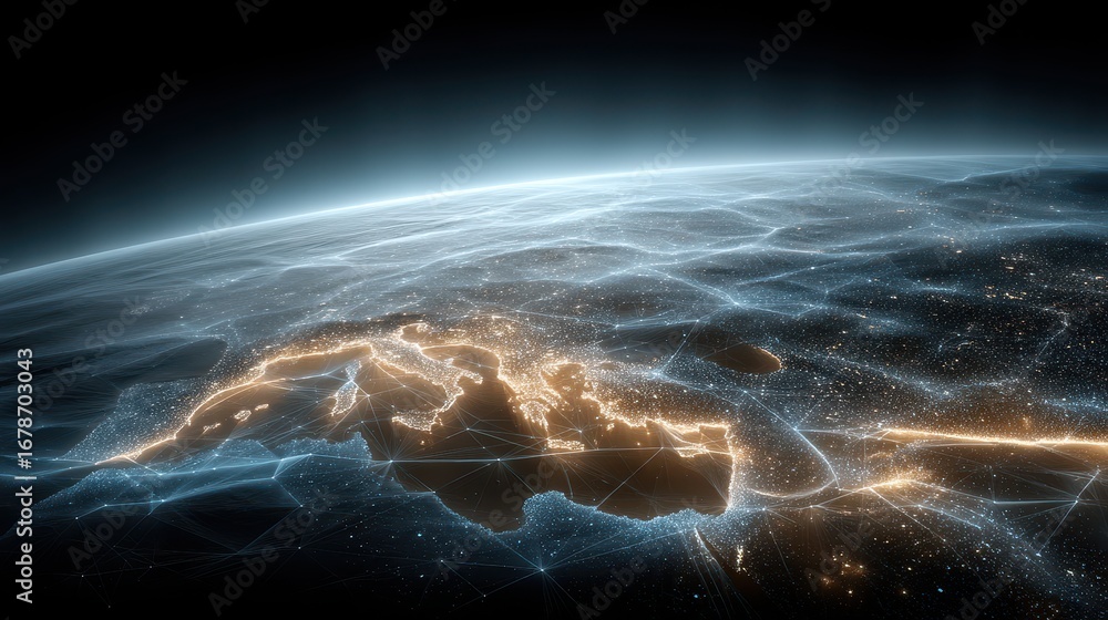 Poster floating blockchain nodes exchange encrypted data in a vibrant cyberspace landscape at twilight