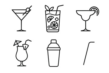 Outline icons of cocktails and barware: martini, mojito, margarita, pina colada, shaker, straw