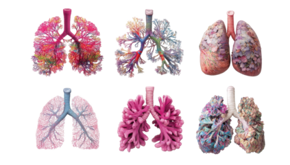 Six diverse representations of lungs, showcasing anatomical structures