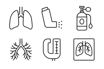Respiratory health icons: lungs, inhaler, medical devices, x-ray, bronchi, medical equipment