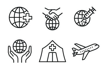 Global health icons: medical aid, vaccination, partnership, emergency relief symbols