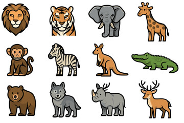 Fototapeta premium Colorful cartoon animal collection: lion, tiger, elephant, giraffe, monkey, zebra, kangaroo, crocodile, bear, wolf, rhino, deer