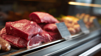 Fresh cuts of beef displayed behind glass, showcasing culinary quality and market freshness. Ideal for food industry or healthy eating themes.