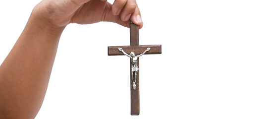 isolated hand holding wooden cross or crucifix rosary with clipping paths.