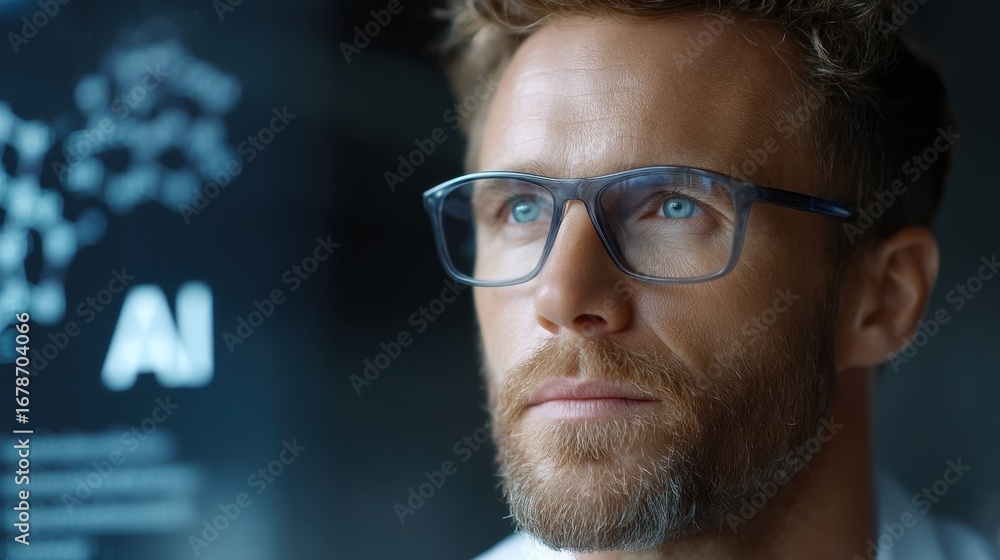 Poster futuristic laboratory explores biotechnology with ai hologram analyzing molecular structures and sci