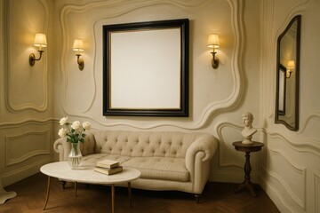 A surreal interior showcases a blank poster in a stylish frame above an elegant neutral sofa.