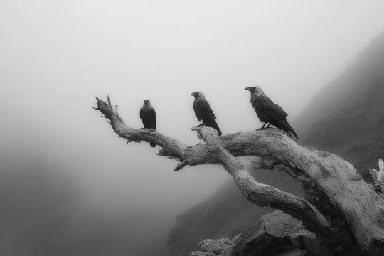 Three ravens perched on a weathered branch against a misty mountain backdrop