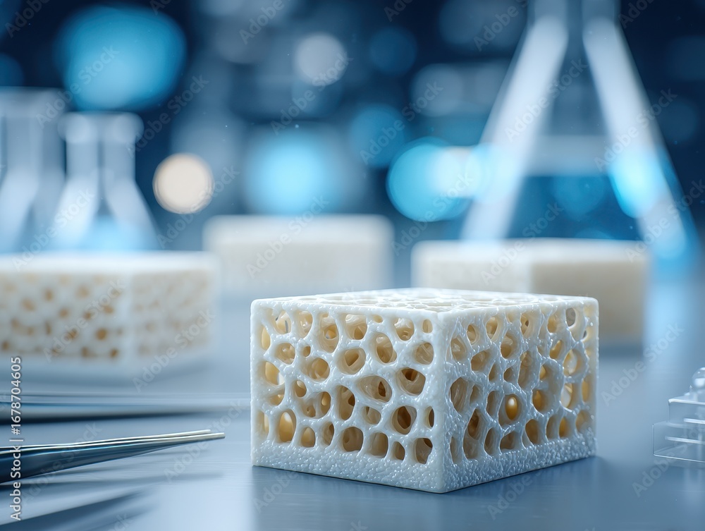 Poster laboratory table featuring 3d-printed bone scaffolds and sterile tools in a scientific setting