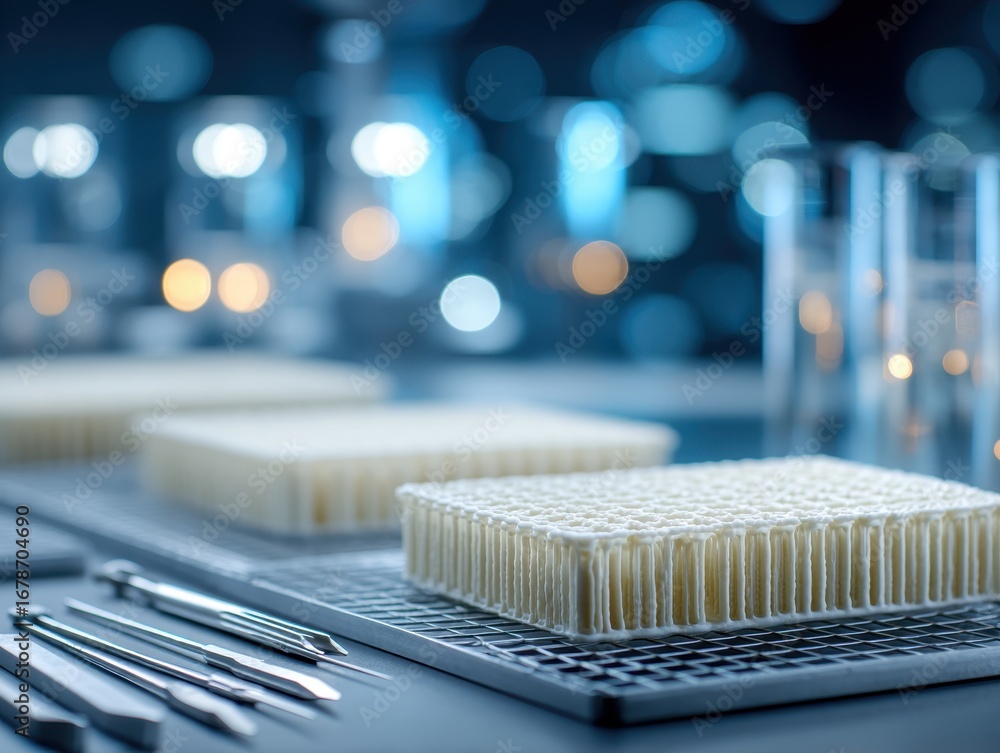 Poster laboratory table displays 3d-printed bone scaffolds with sterile tools in scientific environment