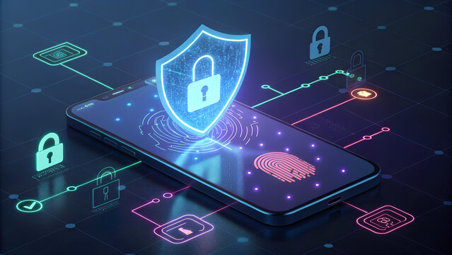 Digital security concept with a glowing shield and padlock over a smartphone displaying a fingerprint scanner and connected security icons