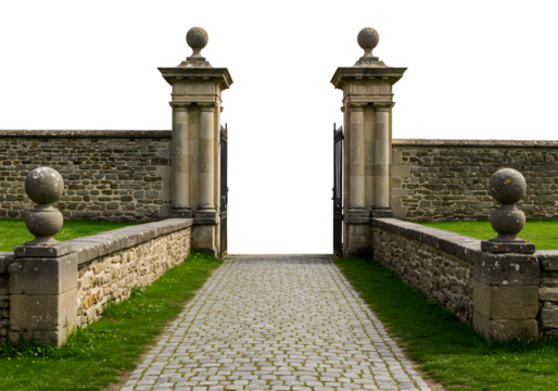 Elegant stone gate with classic design and cobblestone path invites viewers to explore a historic estate