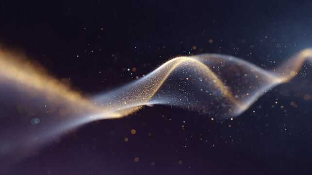 Elegant, flowing light trails shimmer with golden dust against a deep backdrop. Evokes movement, energy, and ethereal beauty. Perfect for tech, finance, and design concepts.
