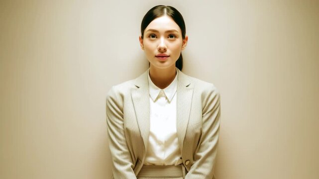 女性がベージュスーツで丁寧に深くお辞儀する