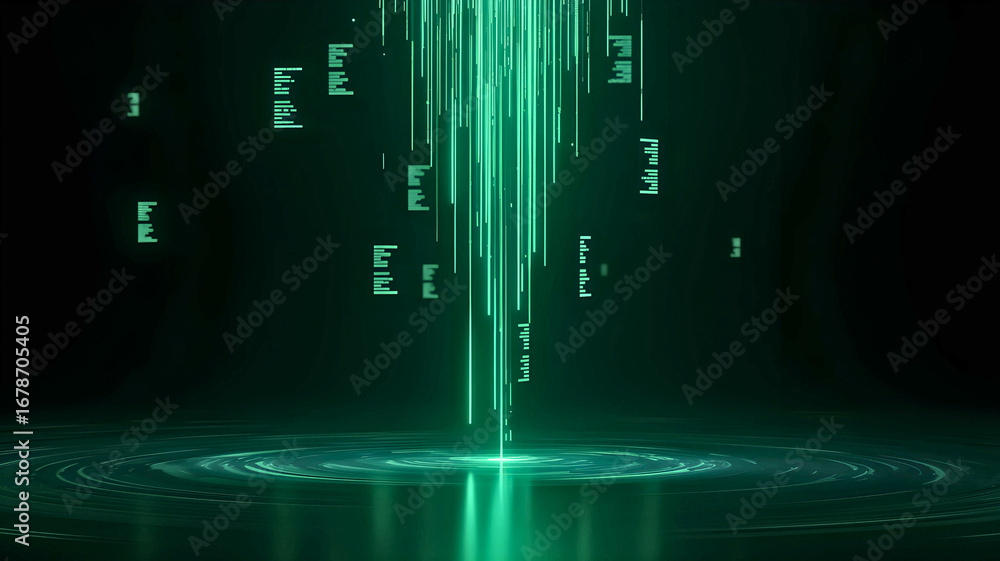 Aufkleber futuristic stream of glowing green data particles cascading into a rippling digital surface, concept