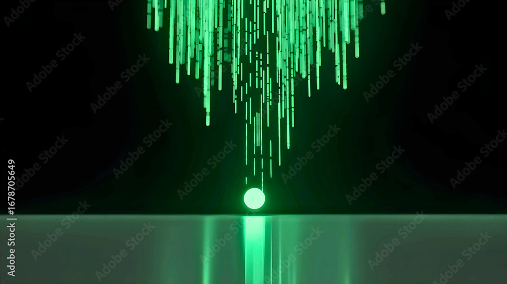 Poster a luminous green sphere on a reflective surface with cascading lines of digital light, symbolizing d
